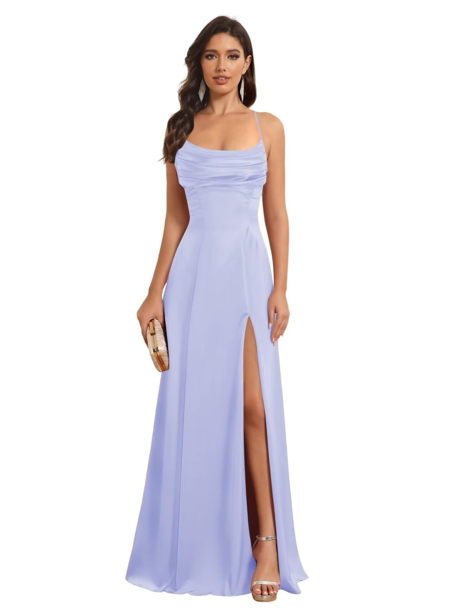 Satin Spaghetti Strap A-Line Floor-Length Bridesmaid Dress with Side Slit