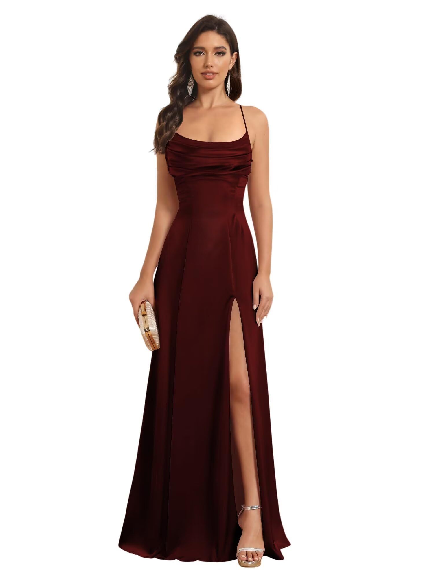 Satin Spaghetti Strap A-Line Floor-Length Bridesmaid Dress with Side Slit