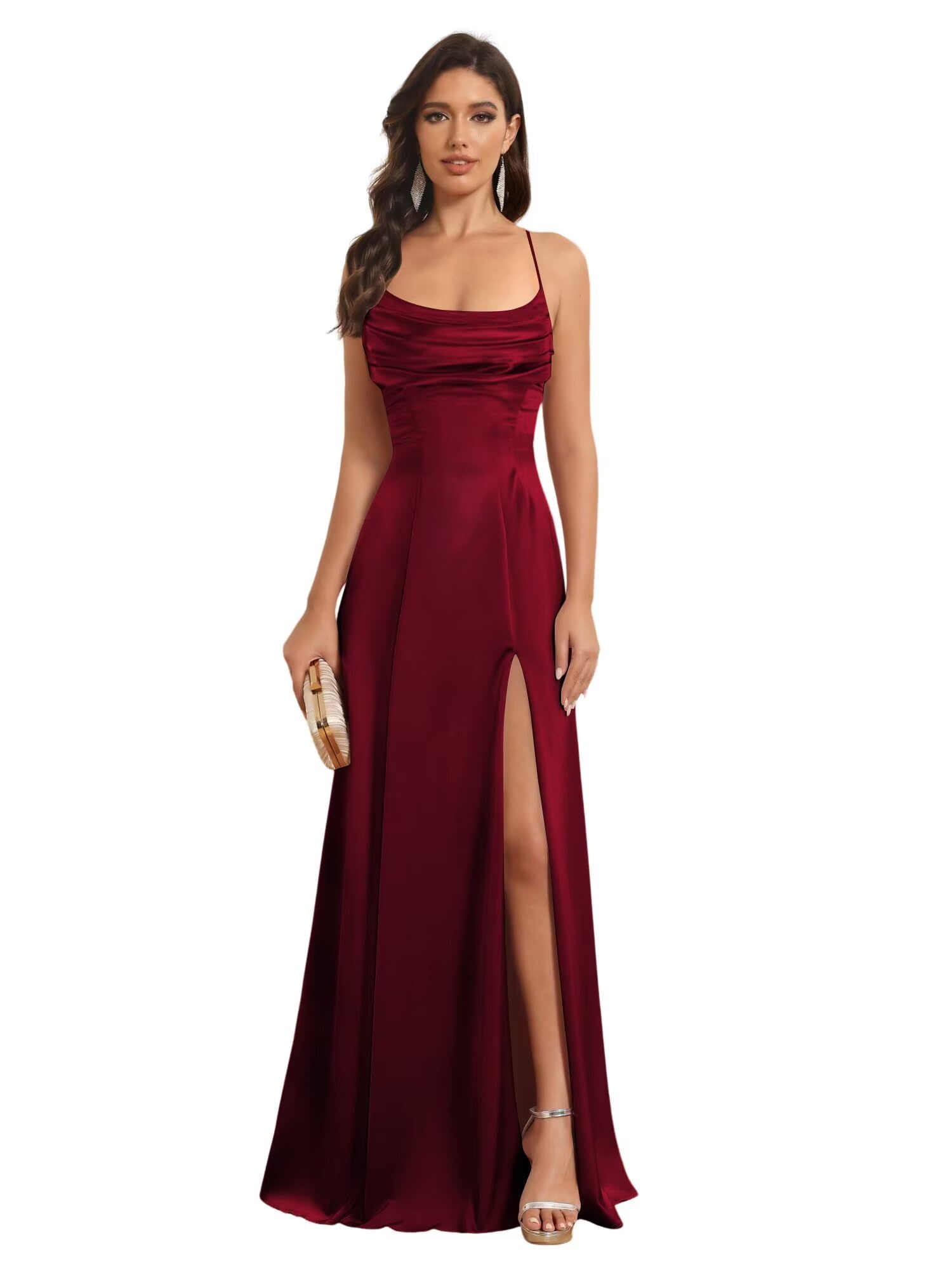Satin Spaghetti Strap A-Line Floor-Length Bridesmaid Dress with Side Slit