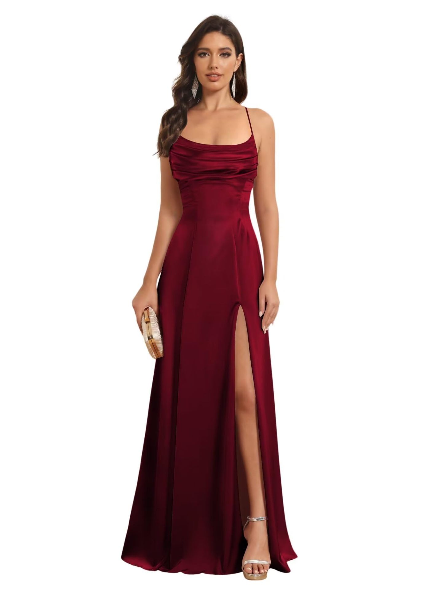 Satin Spaghetti Strap A-Line Floor-Length Bridesmaid Dress with Side Slit
