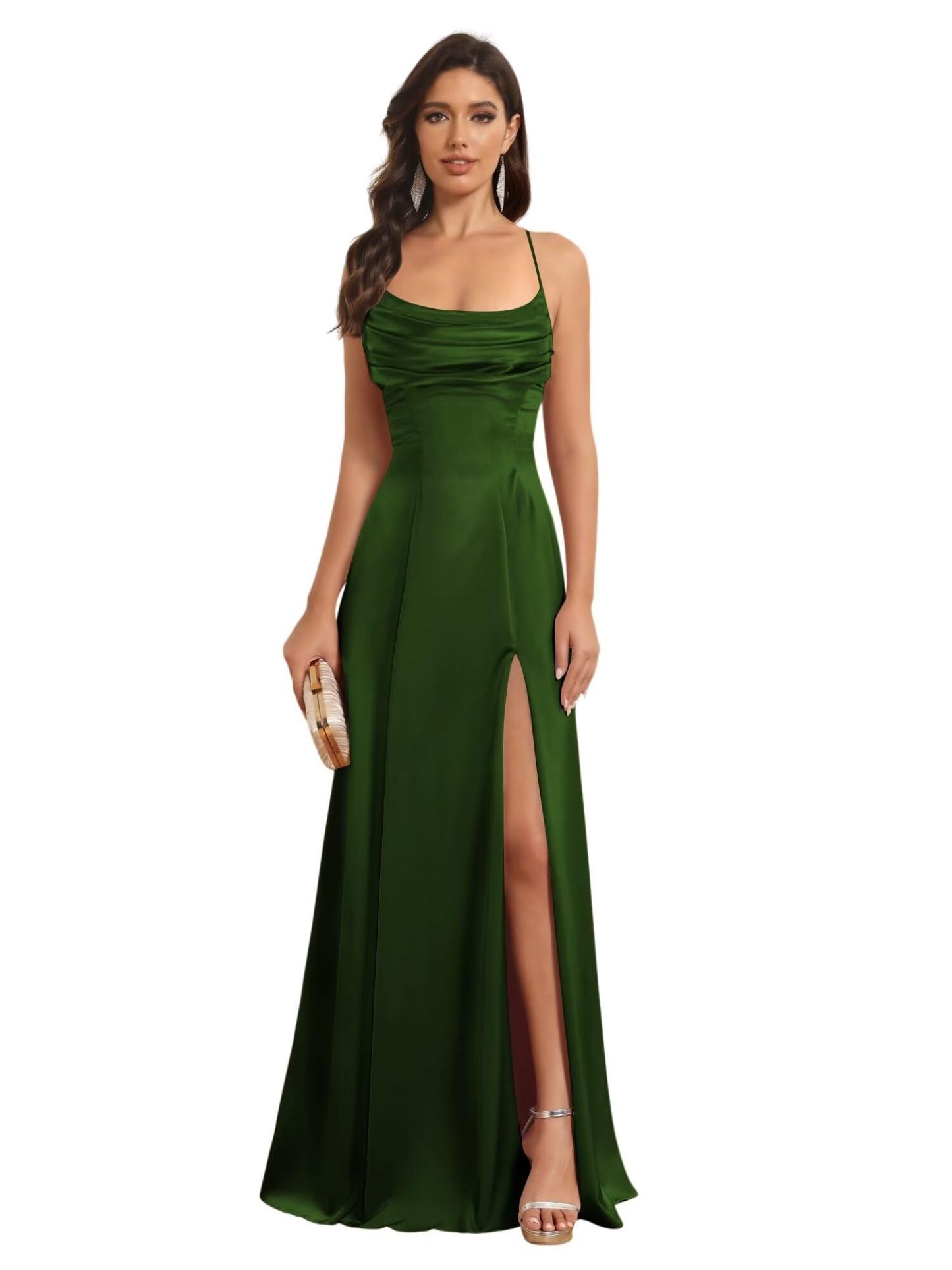 Satin Spaghetti Strap A-Line Floor-Length Bridesmaid Dress with Side Slit