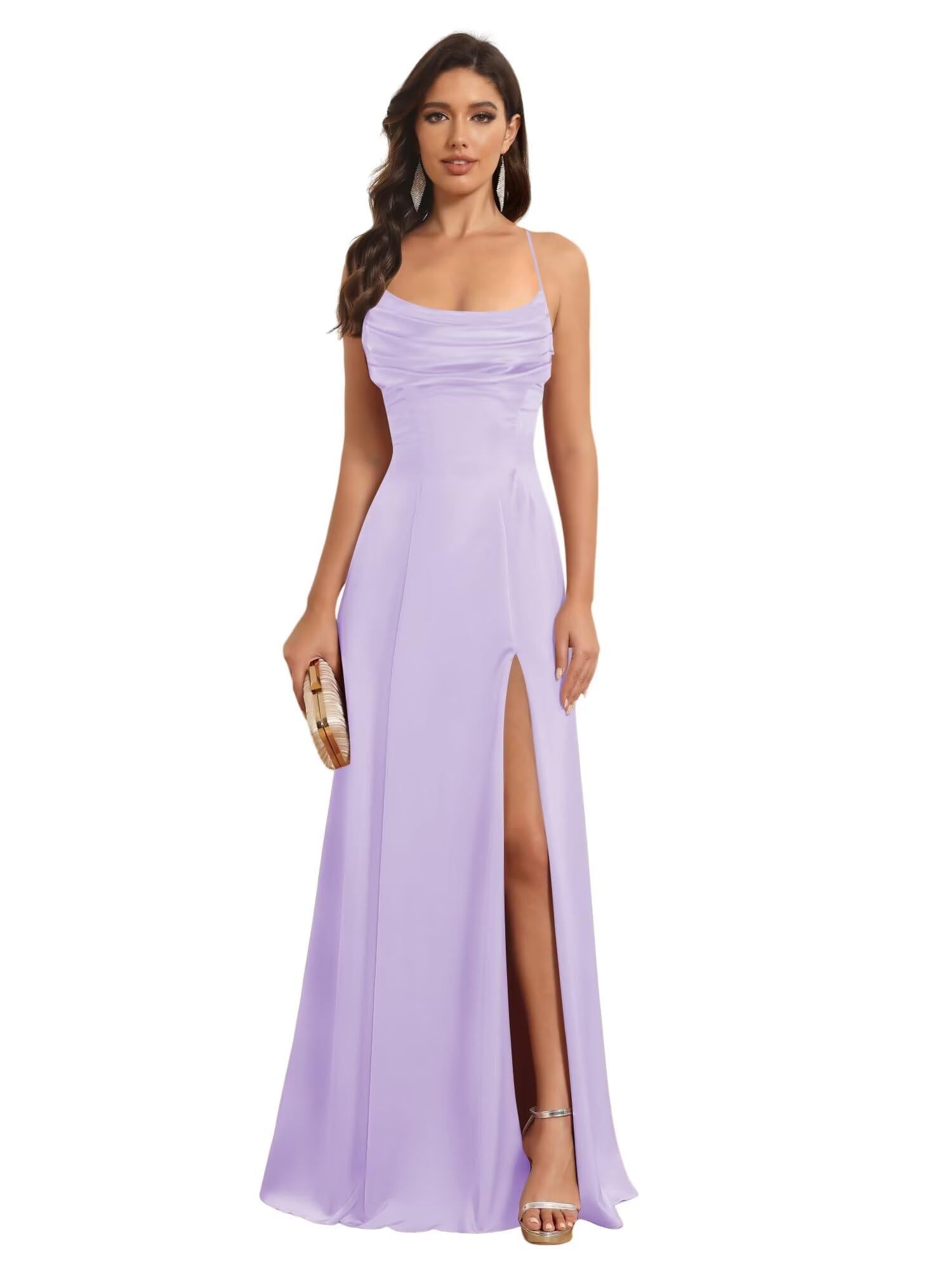 Satin Spaghetti Strap A-Line Floor-Length Bridesmaid Dress with Side Slit