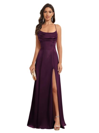 Satin Spaghetti Strap A-Line Floor-Length Bridesmaid Dress with Side Slit