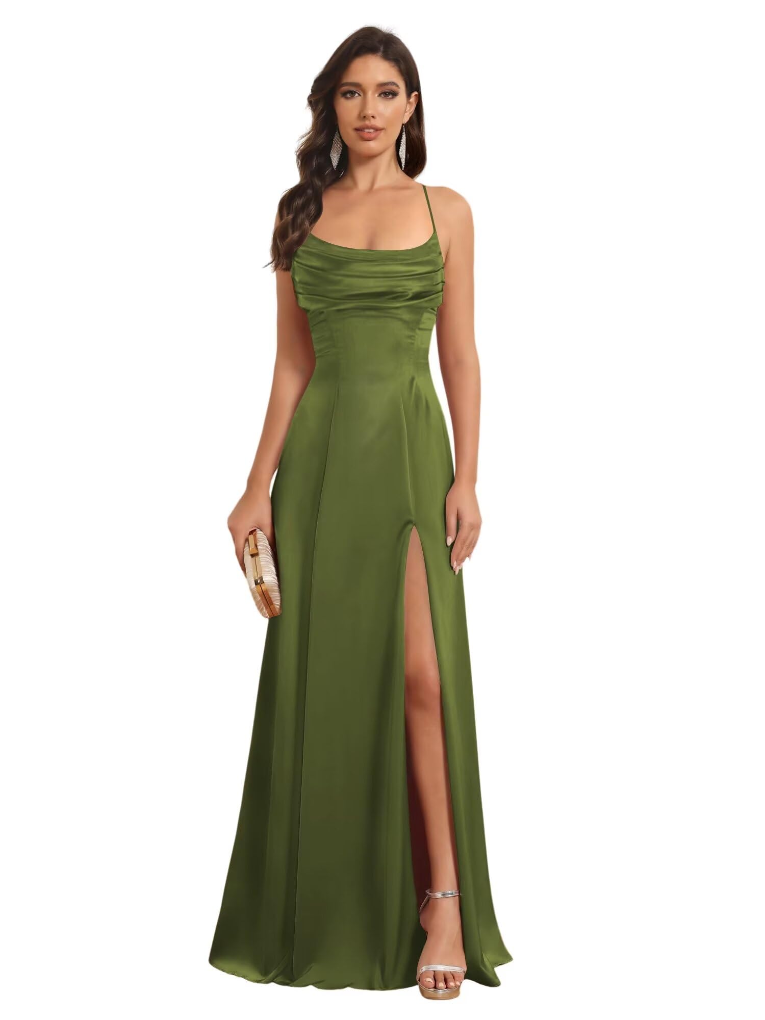 Satin Spaghetti Strap A-Line Floor-Length Bridesmaid Dress with Side Slit