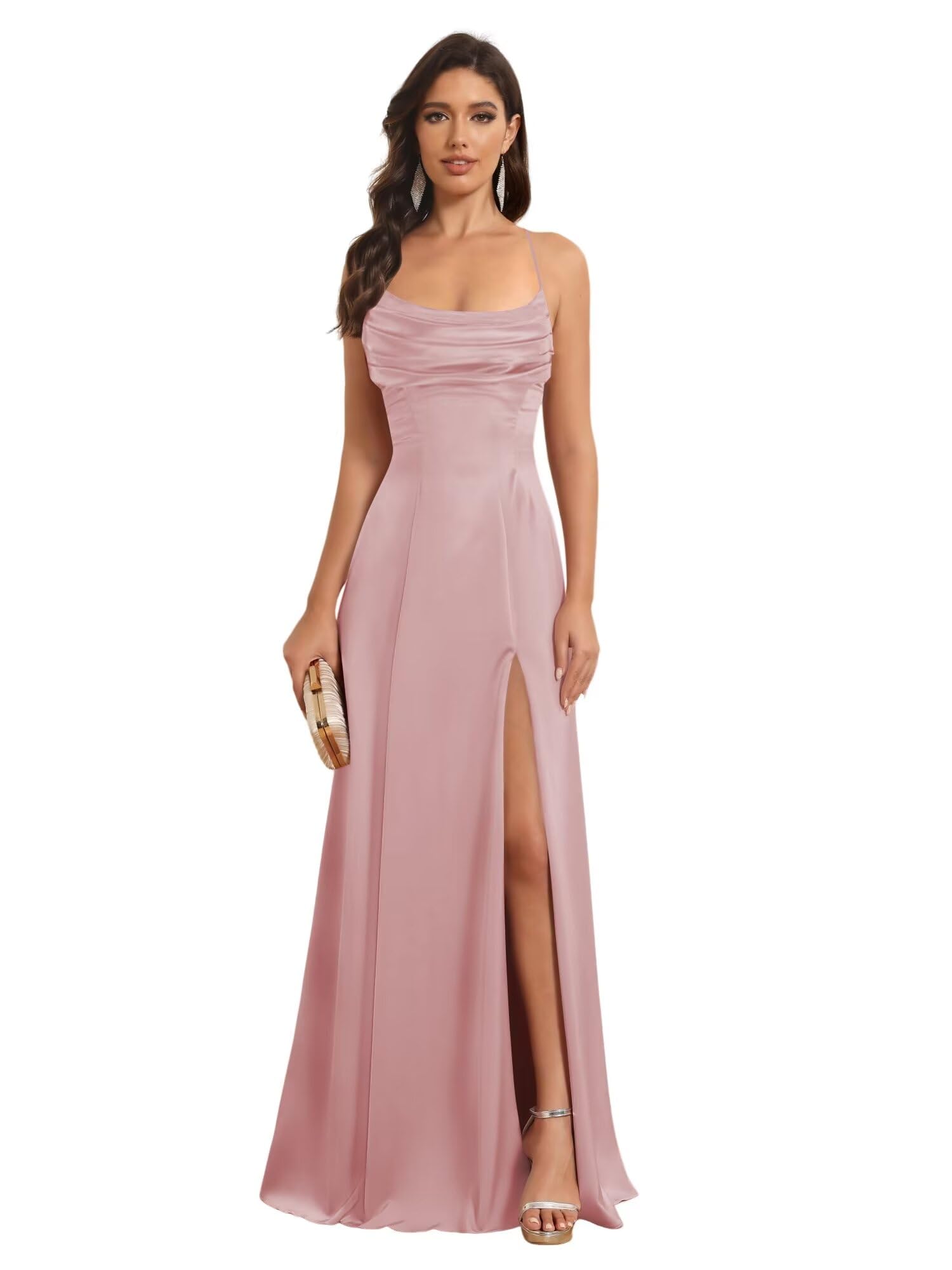 Satin Spaghetti Strap A-Line Floor-Length Bridesmaid Dress with Side Slit