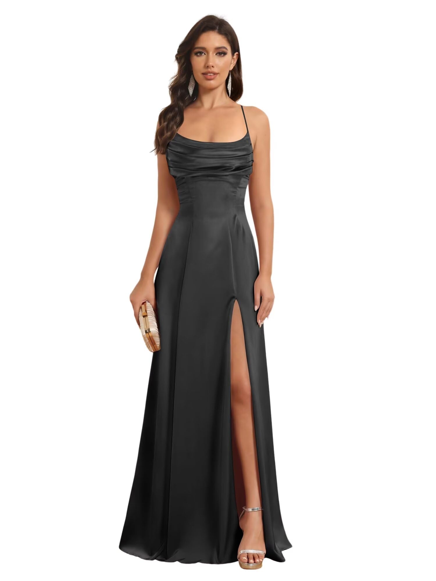 Satin Spaghetti Strap A-Line Floor-Length Bridesmaid Dress with Side Slit
