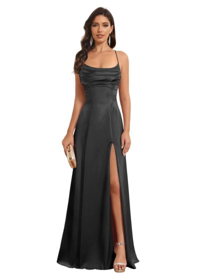 Satin Spaghetti Strap A-Line Floor-Length Bridesmaid Dress with Side Slit