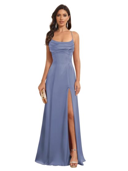 Satin Spaghetti Strap A-Line Floor-Length Bridesmaid Dress with Side Slit