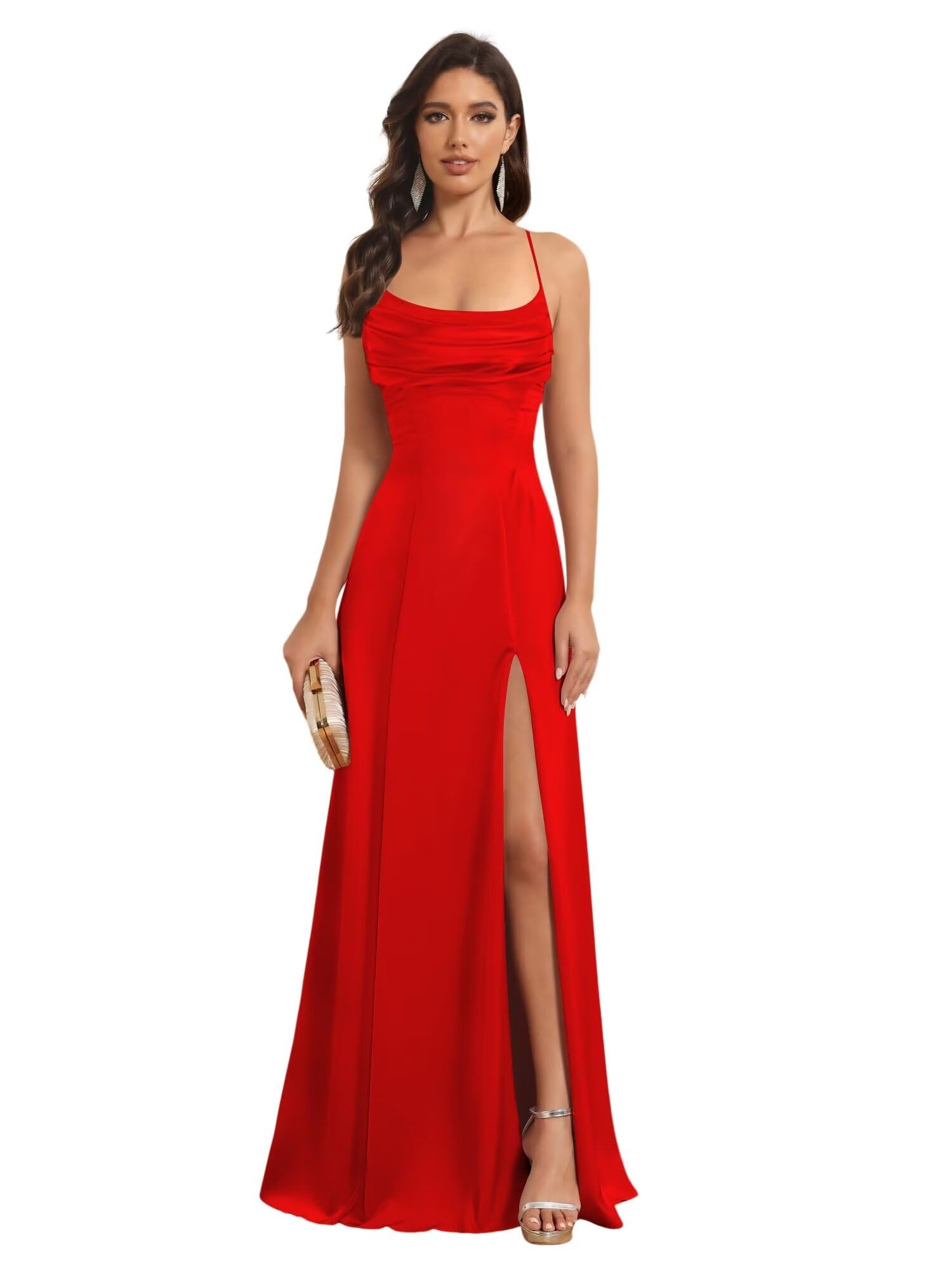 Satin Spaghetti Strap A-Line Floor-Length Bridesmaid Dress with Side Slit