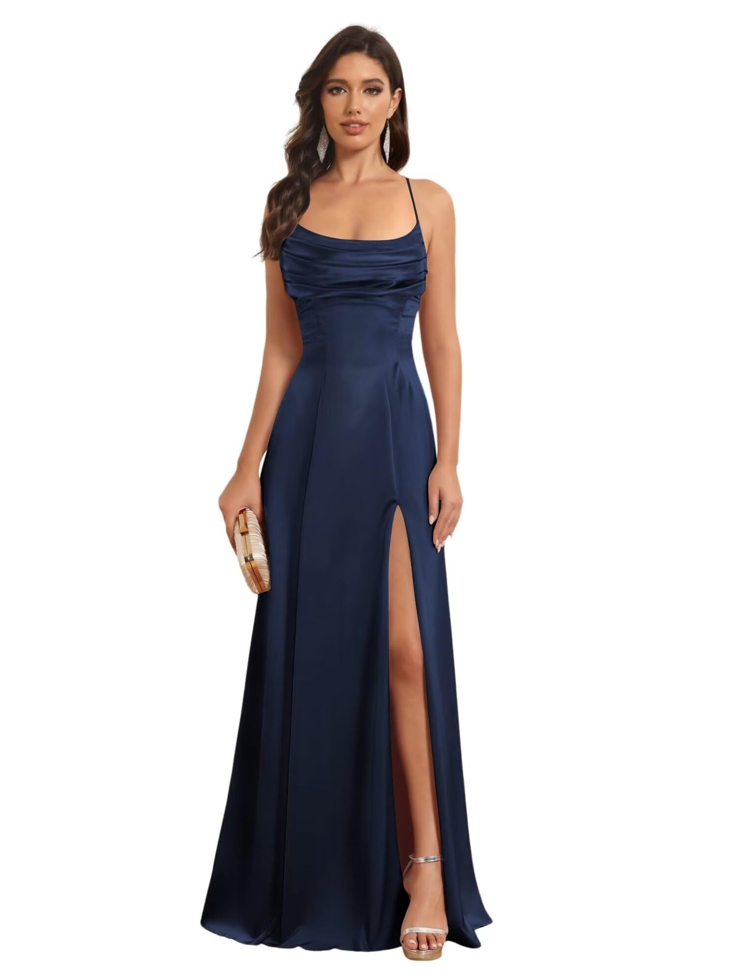 Satin Spaghetti Strap A-Line Floor-Length Bridesmaid Dress with Side Slit