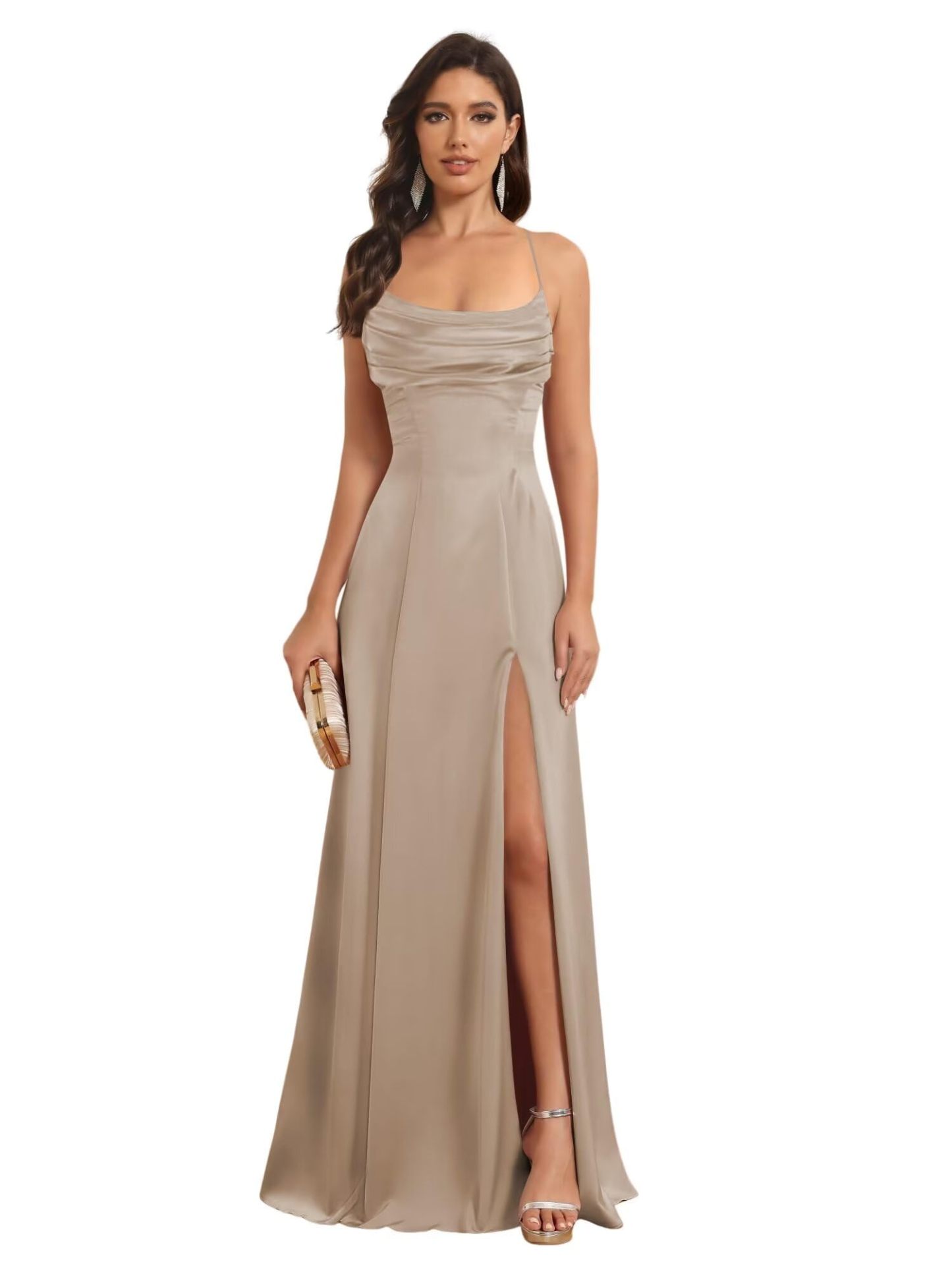 Satin Spaghetti Strap A-Line Floor-Length Bridesmaid Dress with Side Slit