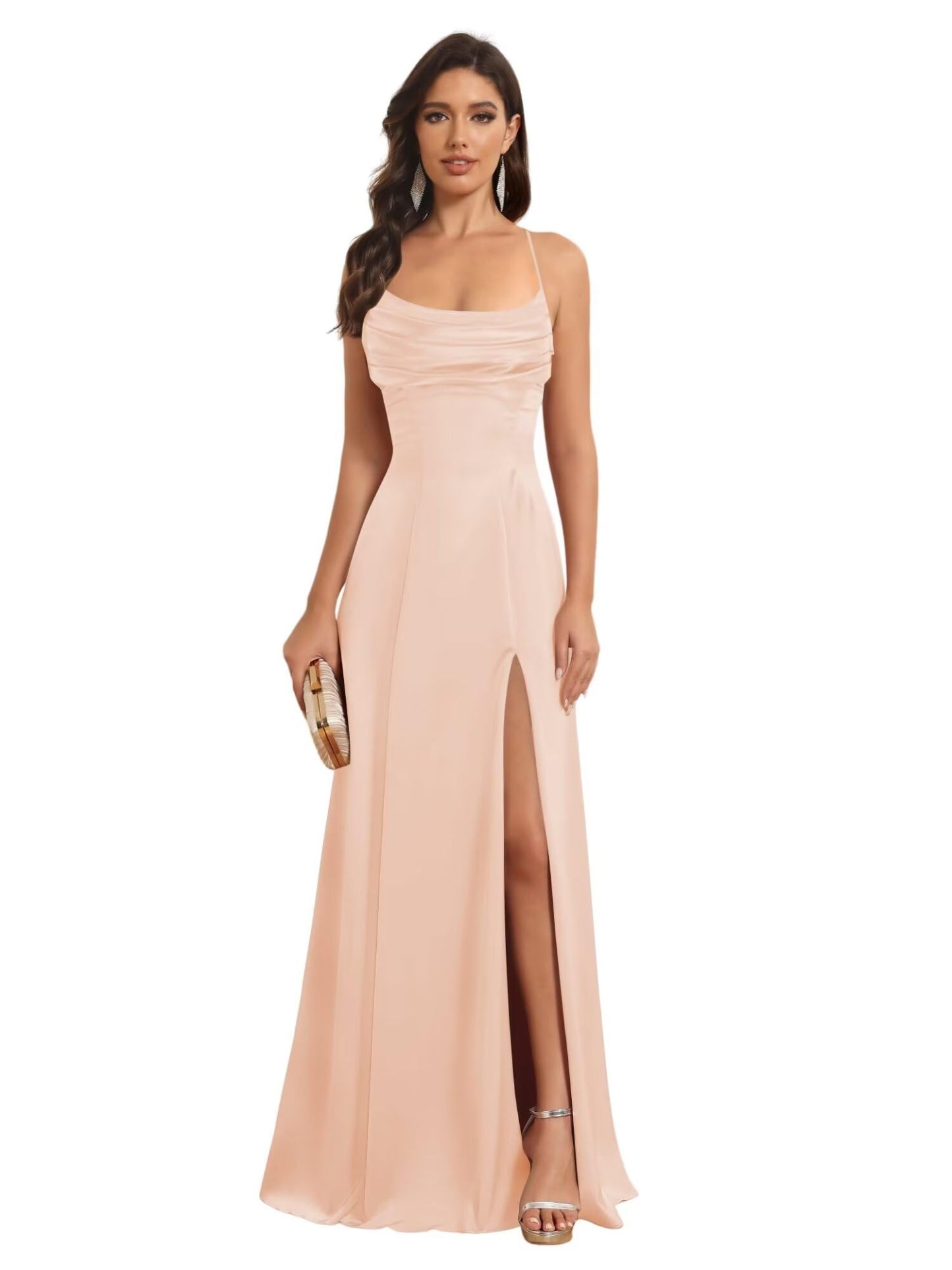 Satin Spaghetti Strap A-Line Floor-Length Bridesmaid Dress with Side Slit
