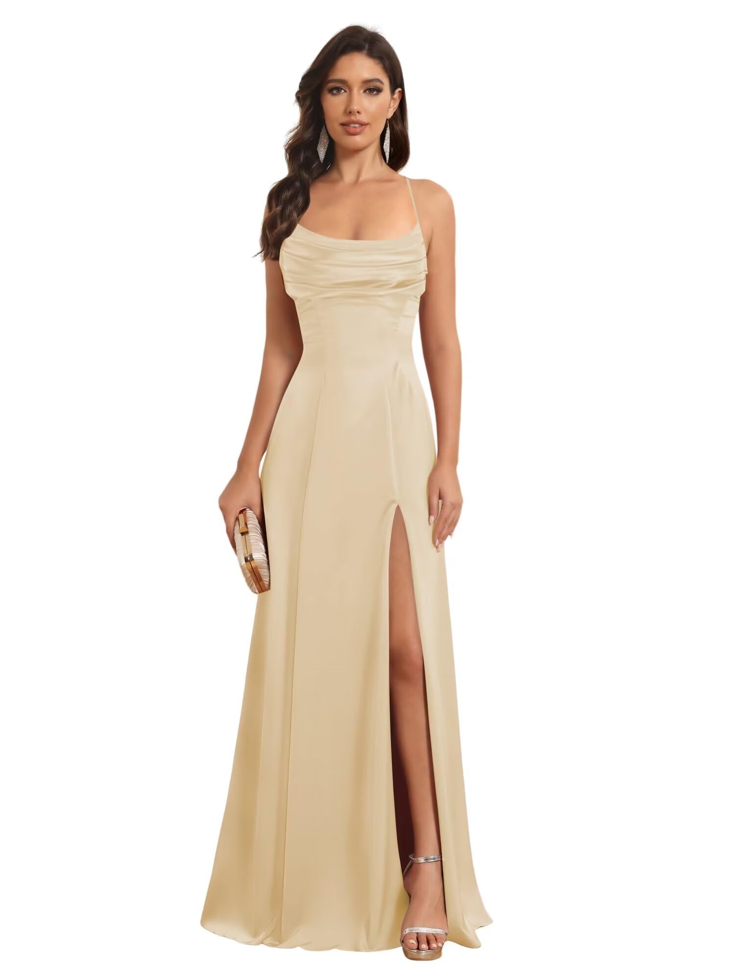 Satin Spaghetti Strap A-Line Floor-Length Bridesmaid Dress with Side Slit
