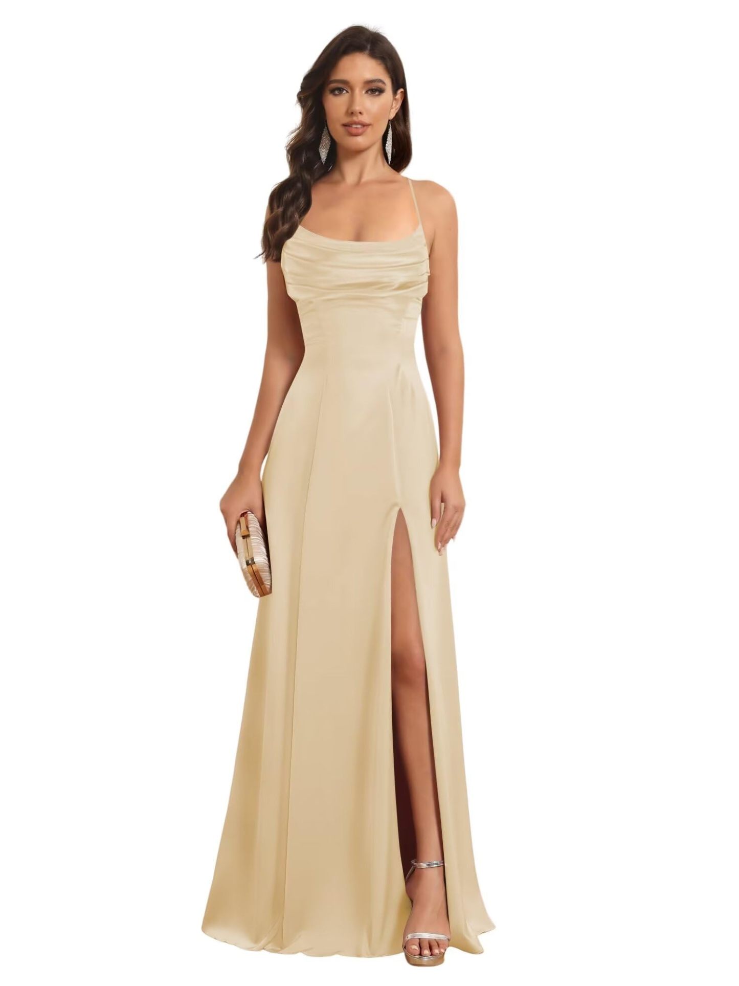 Satin Spaghetti Strap A-Line Floor-Length Bridesmaid Dress with Side Slit