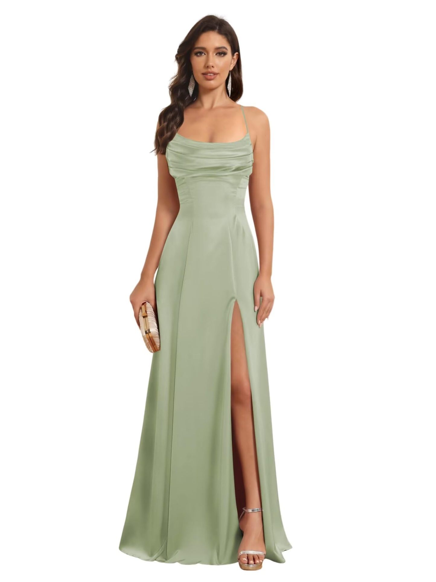 Satin Spaghetti Strap A-Line Floor-Length Bridesmaid Dress with Side Slit