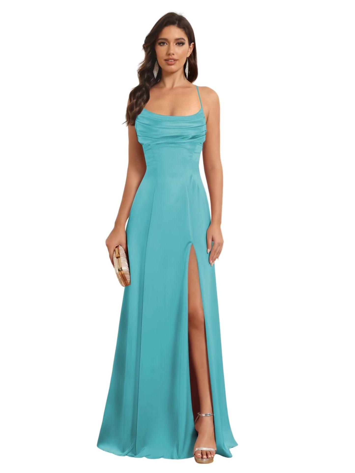 Satin Spaghetti Strap A-Line Floor-Length Bridesmaid Dress with Side Slit