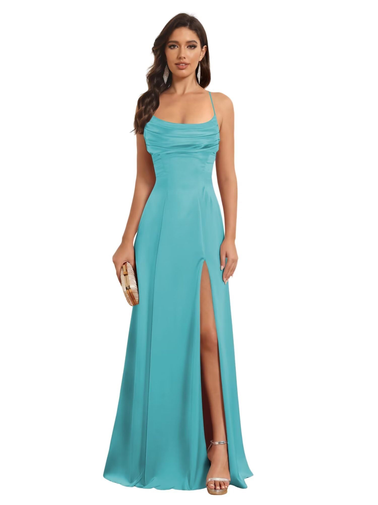 Satin Spaghetti Strap A-Line Floor-Length Bridesmaid Dress with Side Slit
