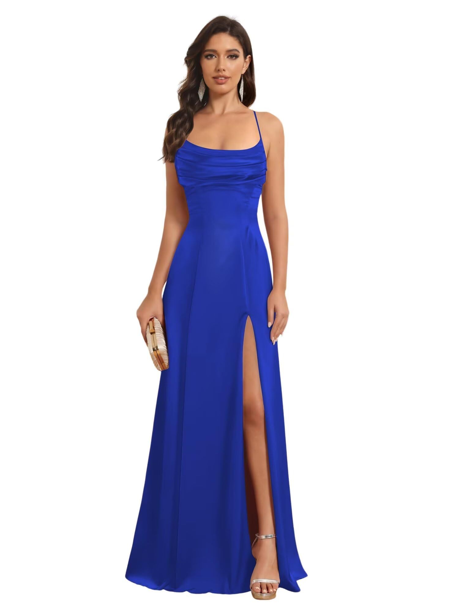 Satin Spaghetti Strap A-Line Floor-Length Bridesmaid Dress with Side Slit