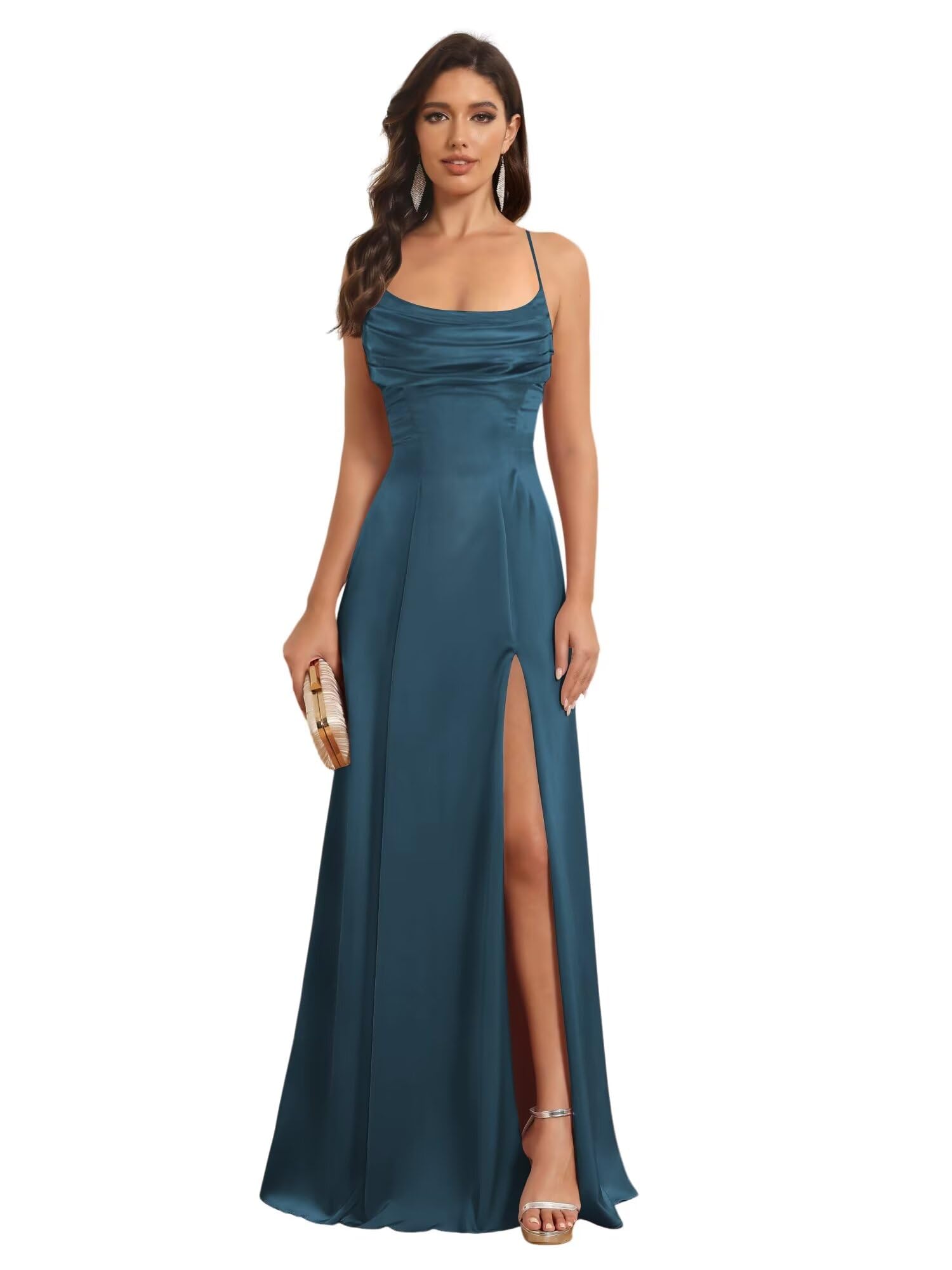 Satin Spaghetti Strap A-Line Floor-Length Bridesmaid Dress with Side Slit