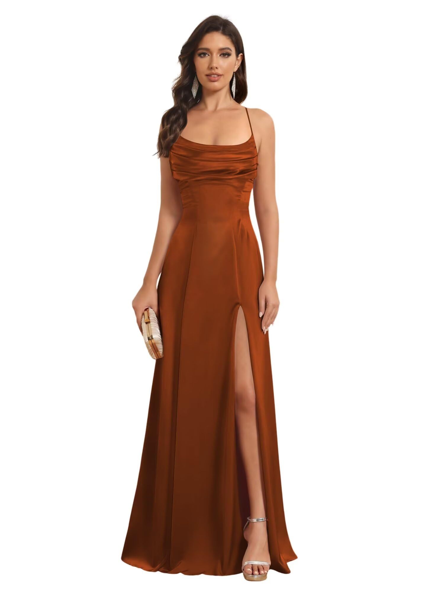 Satin Spaghetti Strap A-Line Floor-Length Bridesmaid Dress with Side Slit