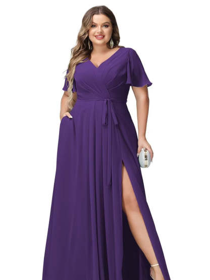 V-Neck Floor-Length Chiffon Bridesmaid Dress with Short Sleeves