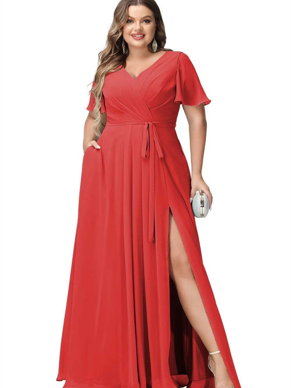 V-Neck Floor-Length Chiffon Bridesmaid Dress with Short Sleeves