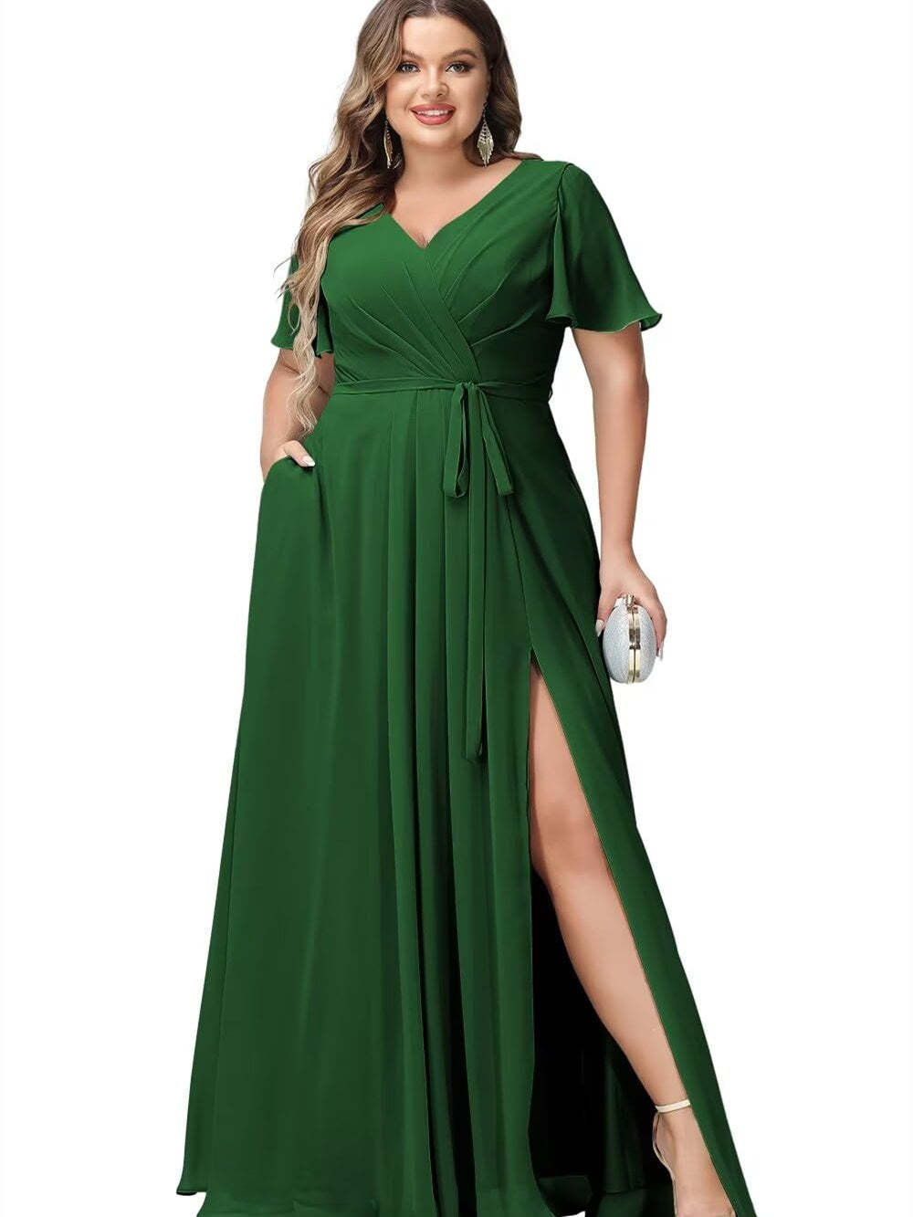 V-Neck Floor-Length Chiffon Bridesmaid Dress with Short Sleeves
