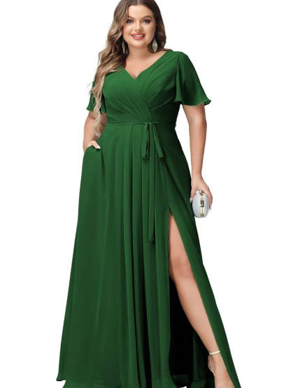 V-Neck Floor-Length Chiffon Bridesmaid Dress with Short Sleeves