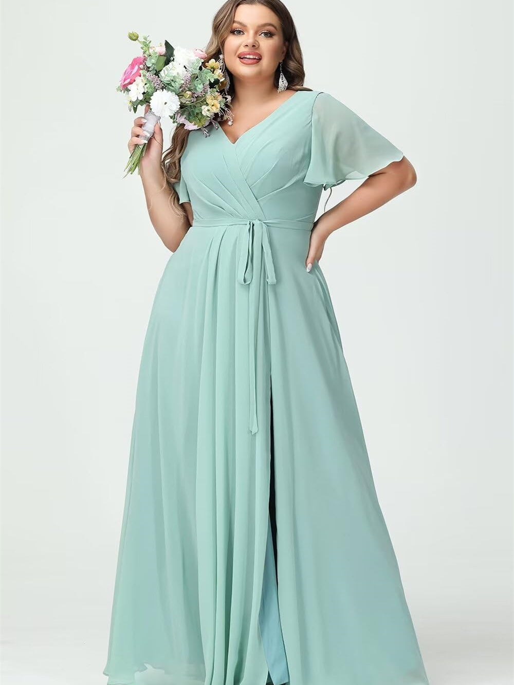 V-Neck Floor-Length Chiffon Bridesmaid Dress with Short Sleeves