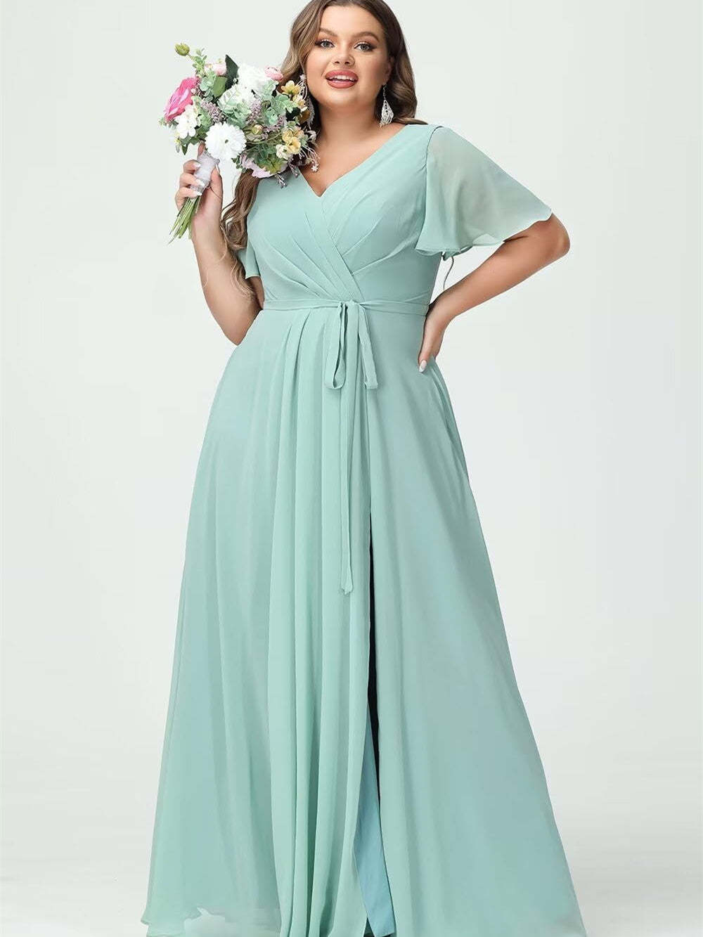 V-Neck Floor-Length Chiffon Bridesmaid Dress with Short Sleeves
