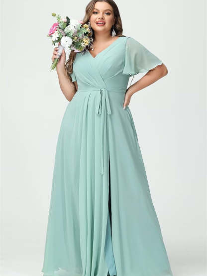 V-Neck Floor-Length Chiffon Bridesmaid Dress with Short Sleeves