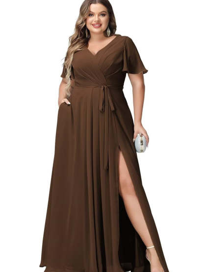 V-Neck Floor-Length Chiffon Bridesmaid Dress with Short Sleeves
