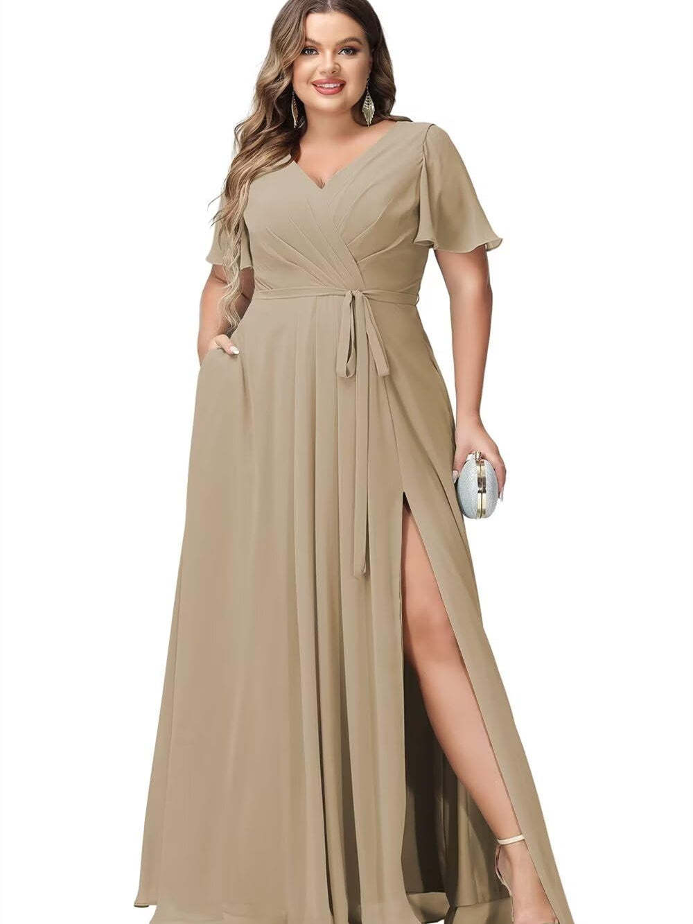 V-Neck Floor-Length Chiffon Bridesmaid Dress with Short Sleeves
