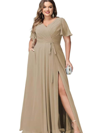 V-Neck Floor-Length Chiffon Bridesmaid Dress with Short Sleeves