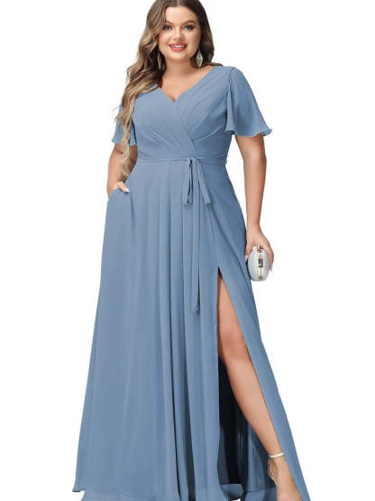 V-Neck Floor-Length Chiffon Bridesmaid Dress with Short Sleeves