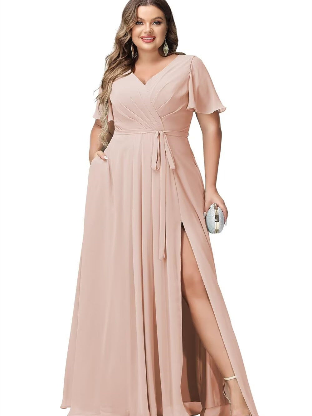 V-Neck Floor-Length Chiffon Bridesmaid Dress with Short Sleeves