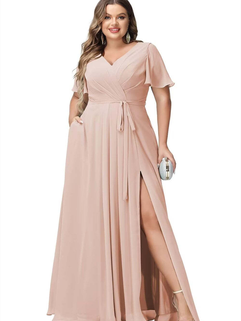 V-Neck Floor-Length Chiffon Bridesmaid Dress with Short Sleeves