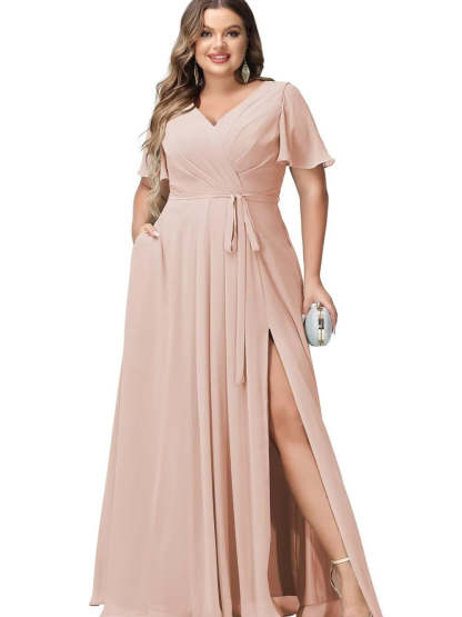 V-Neck Floor-Length Chiffon Bridesmaid Dress with Short Sleeves