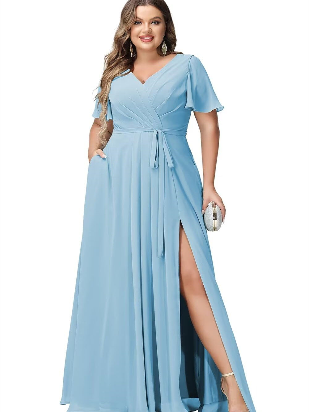 V-Neck Floor-Length Chiffon Bridesmaid Dress with Short Sleeves
