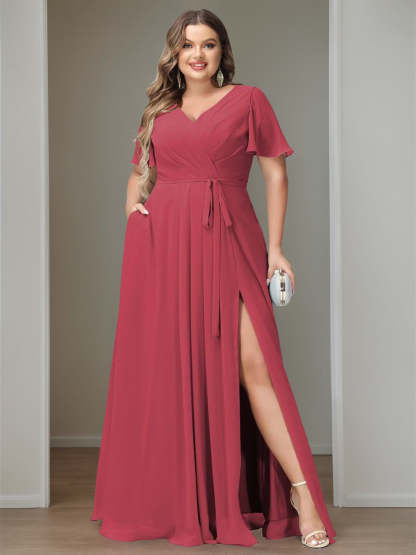 V-Neck Floor-Length Chiffon Bridesmaid Dress with Short Sleeves