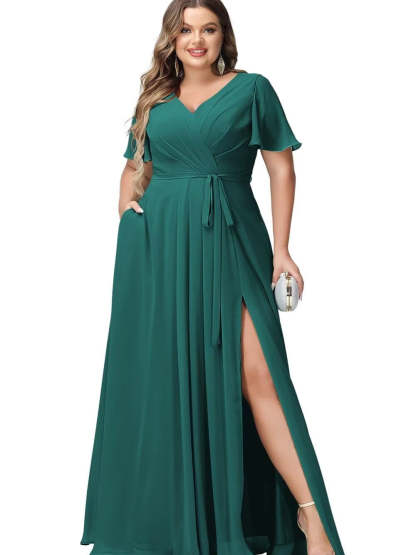 V-Neck Floor-Length Chiffon Bridesmaid Dress with Short Sleeves