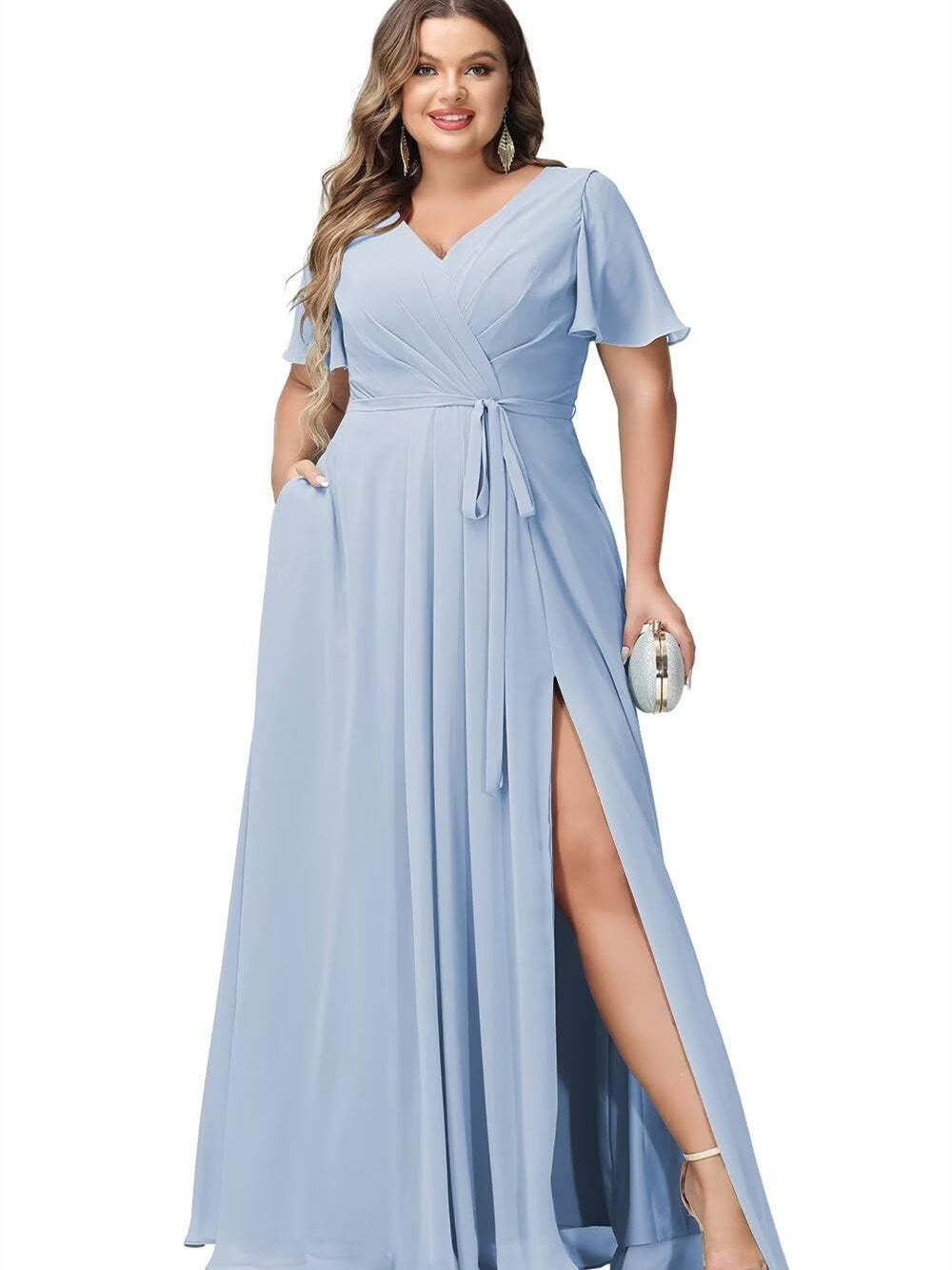 V-Neck Floor-Length Chiffon Bridesmaid Dress with Short Sleeves