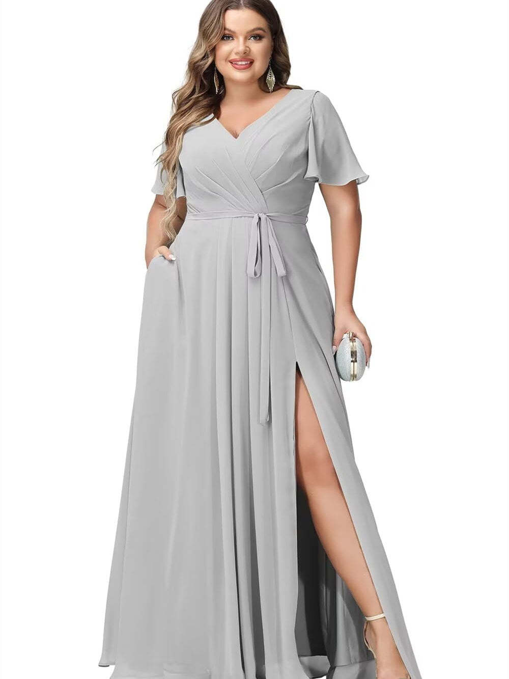 V-Neck Floor-Length Chiffon Bridesmaid Dress with Short Sleeves