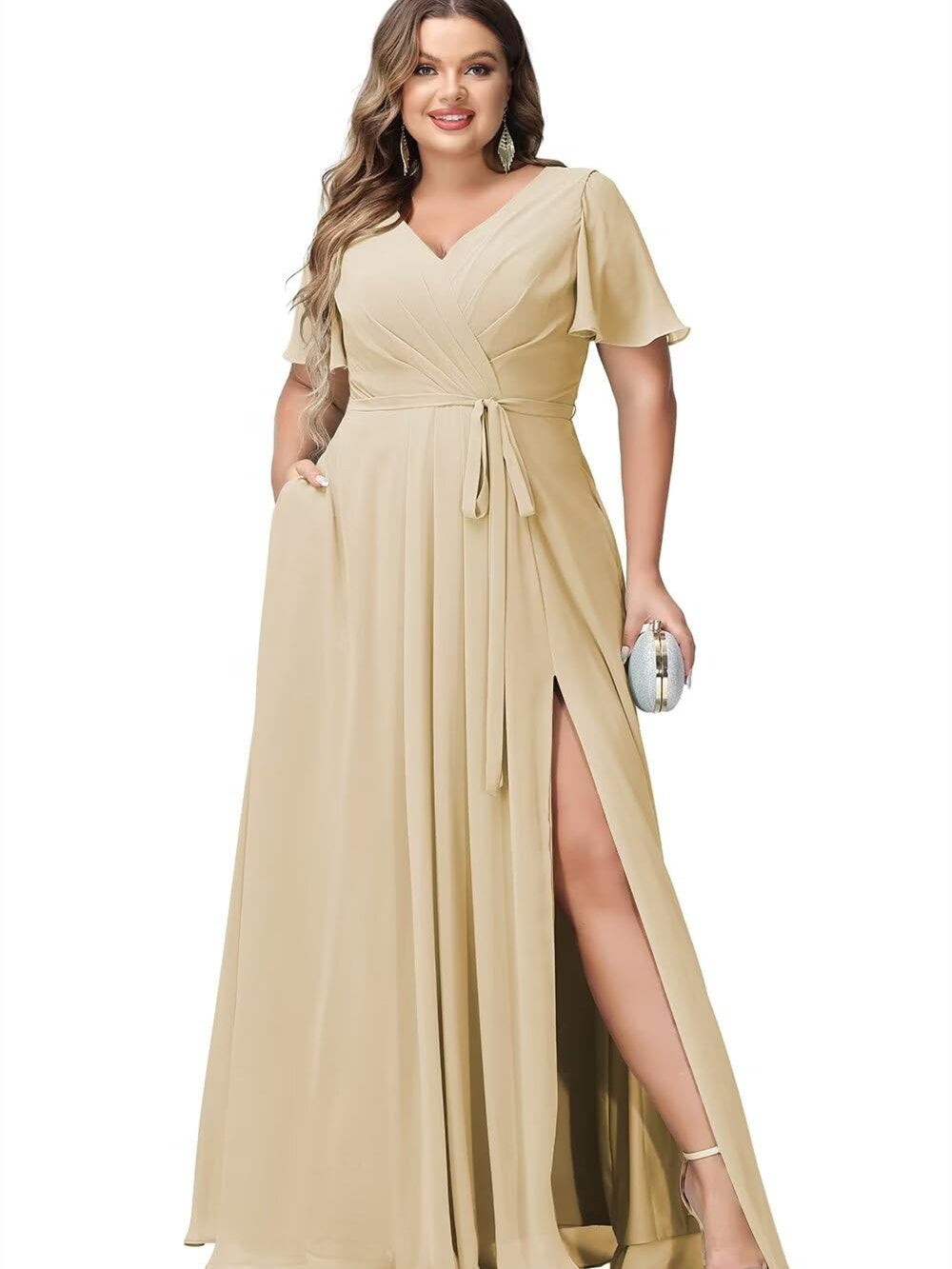 V-Neck Floor-Length Chiffon Bridesmaid Dress with Short Sleeves