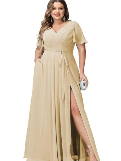 V-Neck Floor-Length Chiffon Bridesmaid Dress with Short Sleeves