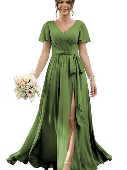 V-Neck Floor-Length Chiffon Bridesmaid Dress with Short Sleeves