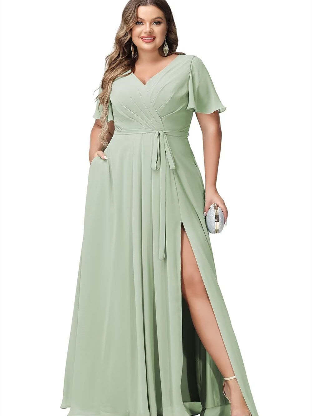 V-Neck Floor-Length Chiffon Bridesmaid Dress with Short Sleeves