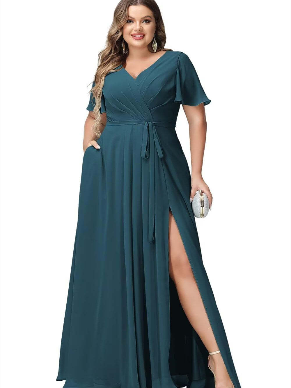 V-Neck Floor-Length Chiffon Bridesmaid Dress with Short Sleeves