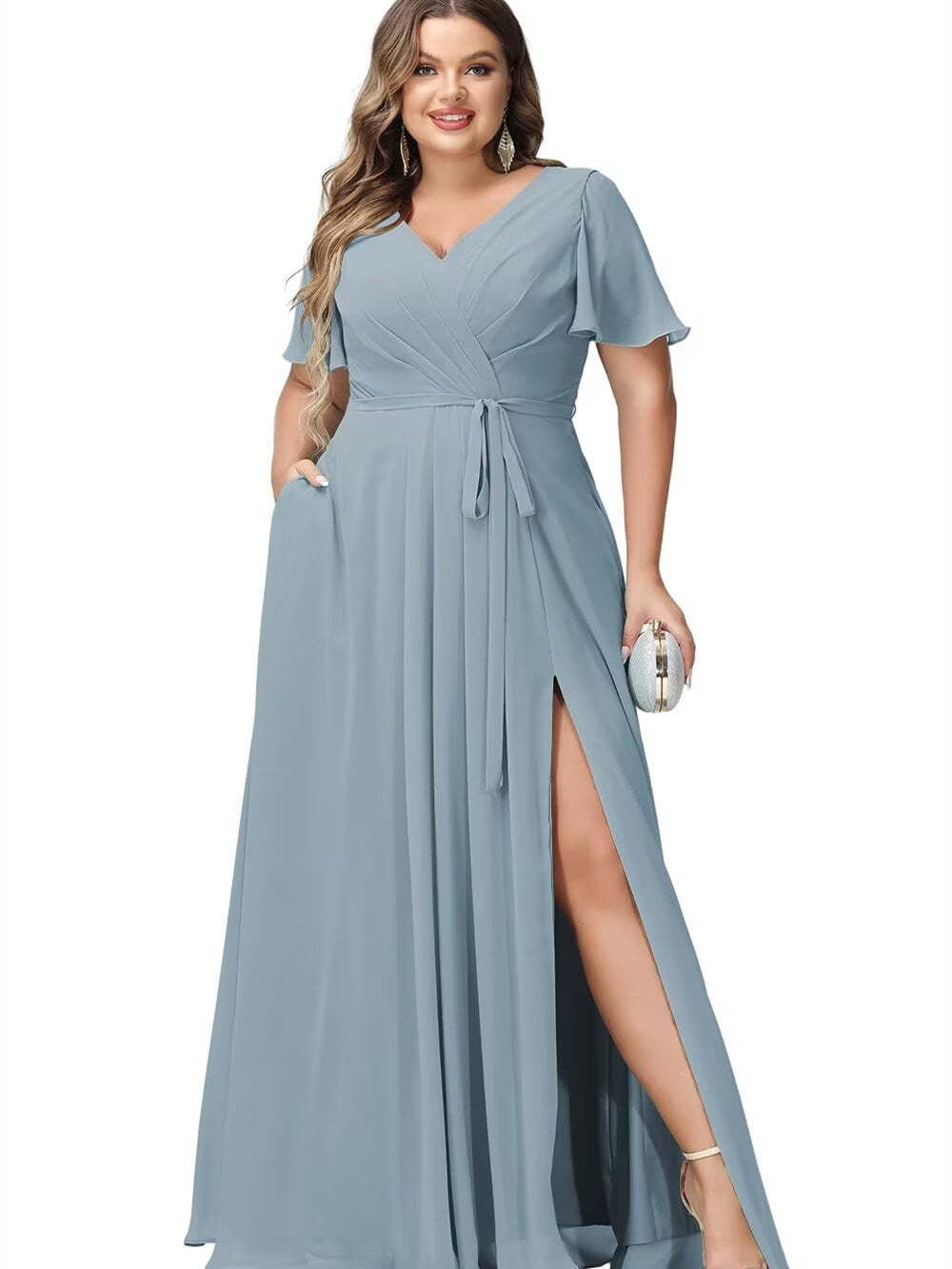 V-Neck Floor-Length Chiffon Bridesmaid Dress with Short Sleeves