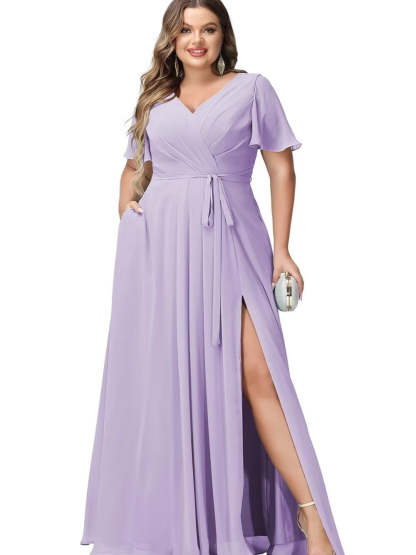 V-Neck Floor-Length Chiffon Bridesmaid Dress with Short Sleeves